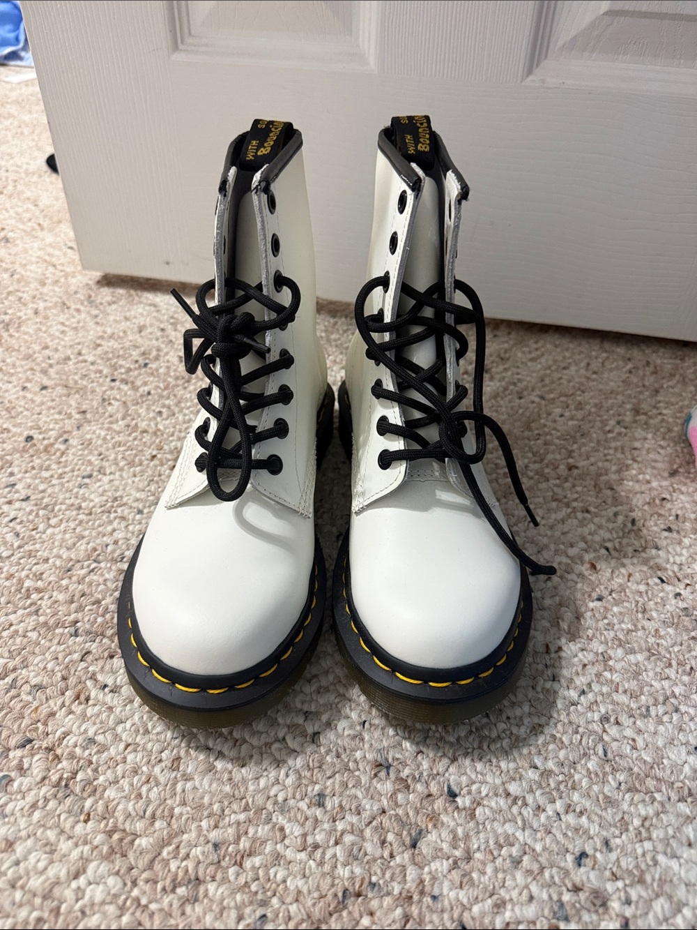 Dr. Martens White Leather 8-Eye Lace-Up Boots with Yellow Stitching